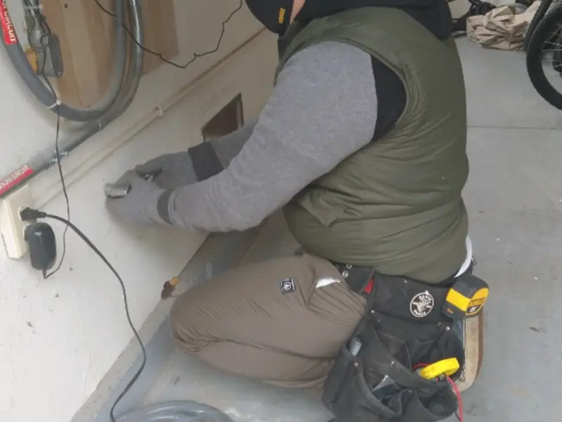 Electrician performing outlet wiring in a West Sacramento garage